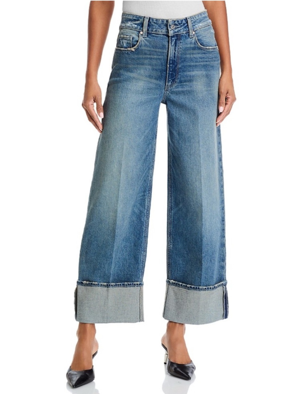 PAIGE Sasha Wide Cuff Ankle Jeans in Blue Note Distressed | 27 - Picture 2 of 13